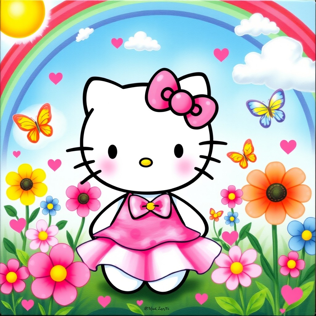 A cute and colorful depiction of Hello Kitty in a whimsical setting, surrounded by vibrant flowers and butterflies