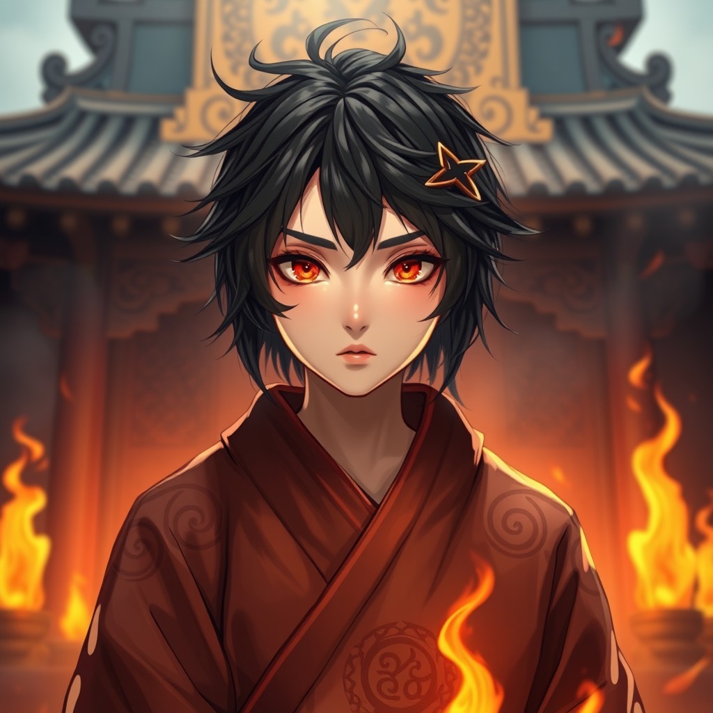 A fire genasi female character exhibiting vibrant orange eyes and sporting short, messy black hair