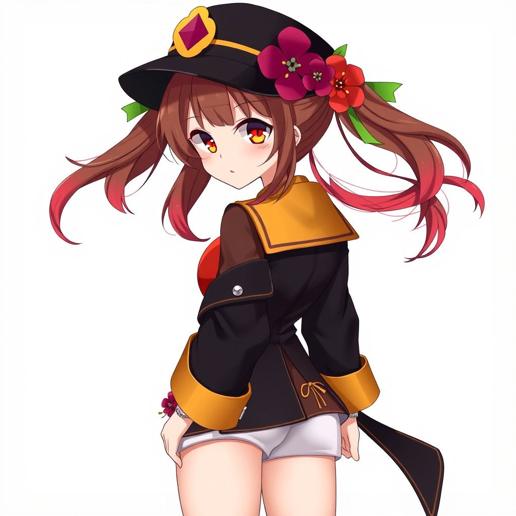 A medium-sized anime adult woman with long, flowing brown hair styled in a pair of playful pigtails that fade into vibrant red at the tips