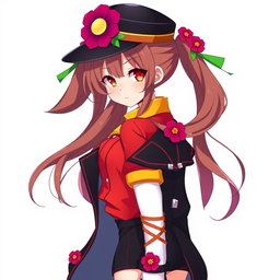 A medium-sized anime adult woman with long, flowing brown hair styled in a pair of playful pigtails that fade into vibrant red at the tips