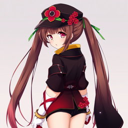 A medium-sized anime adult woman with long, flowing brown hair styled in a pair of playful pigtails that fade into vibrant red at the tips