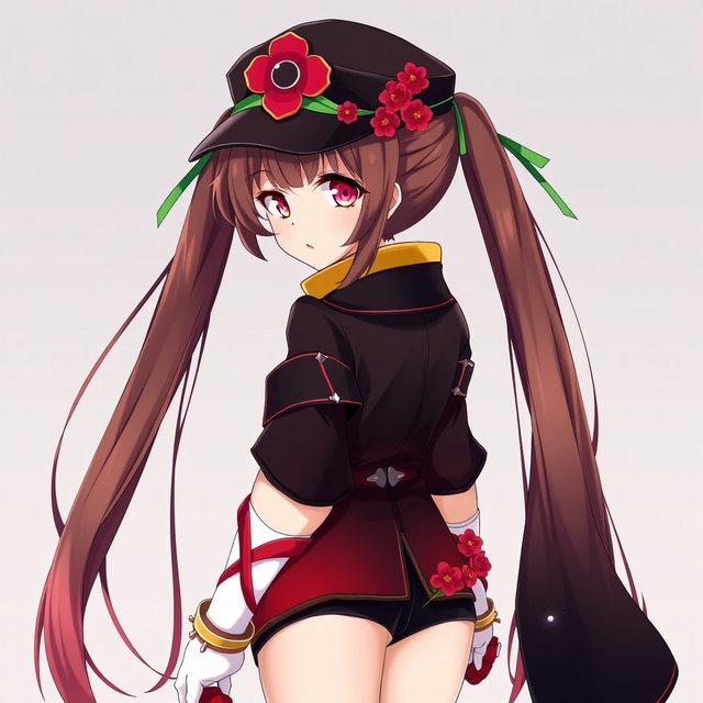A medium-sized anime adult woman with long, flowing brown hair styled in a pair of playful pigtails that fade into vibrant red at the tips
