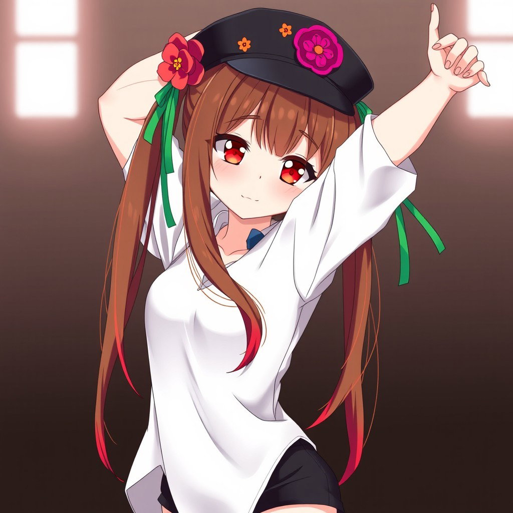 An anime adult woman with long brown hair styled in a pair of playful pigtails that gracefully fade into vibrant red at the tips