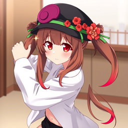 An anime adult woman with long brown hair styled in a pair of playful pigtails that gracefully fade into vibrant red at the tips