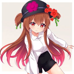 An anime adult woman with long brown hair styled in a pair of playful pigtails that gracefully fade into vibrant red at the tips