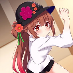 An anime adult woman with long brown hair styled in a pair of playful pigtails that gracefully fade into vibrant red at the tips