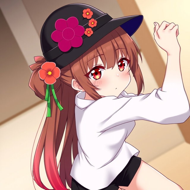 An anime adult woman with long brown hair styled in a pair of playful pigtails that gracefully fade into vibrant red at the tips