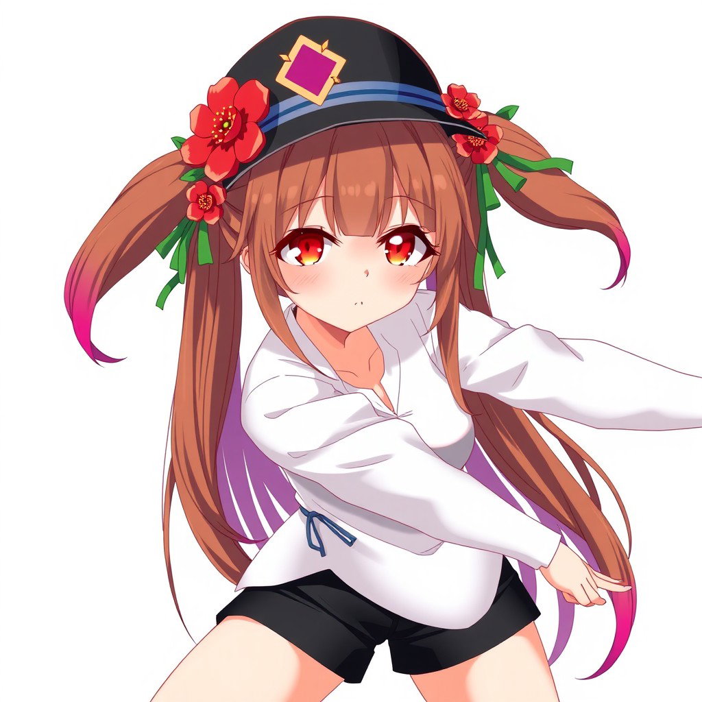 An anime adult woman with long brown hair styled in a pair of playful pigtails that gracefully fade into vibrant red at the tips