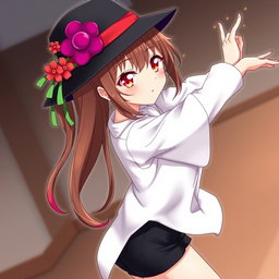 An anime adult woman with long brown hair styled in a pair of playful pigtails that gracefully fade into vibrant red at the tips