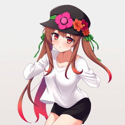 An anime adult woman with long brown hair styled in a pair of playful pigtails that gracefully fade into vibrant red at the tips