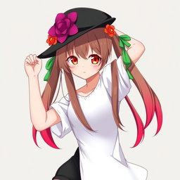 An anime adult woman with long brown hair styled in a pair of playful pigtails that gracefully fade into vibrant red at the tips