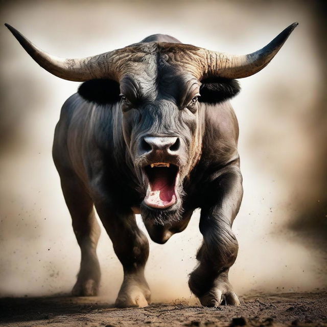 A powerful, striking image of an angry bull in its full fury, hoofs pounding and nostrils flaring