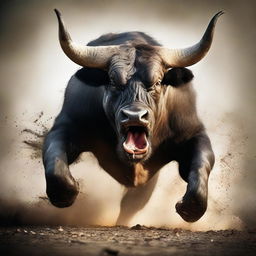 A powerful, striking image of an angry bull in its full fury, hoofs pounding and nostrils flaring