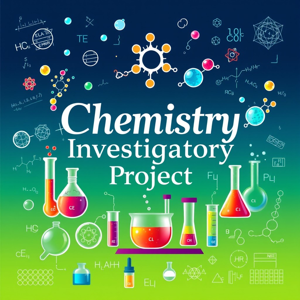 A captivating cover design for a Chemistry Investigatory Project, showcasing a dynamic and colorful illustration of chemical reactions and molecular structures