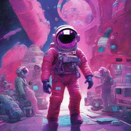 A vibrant sci-fi world depicting people in spacesuits busily working on space stations, engulfed in a color scheme of red, pink, purple, and blue.