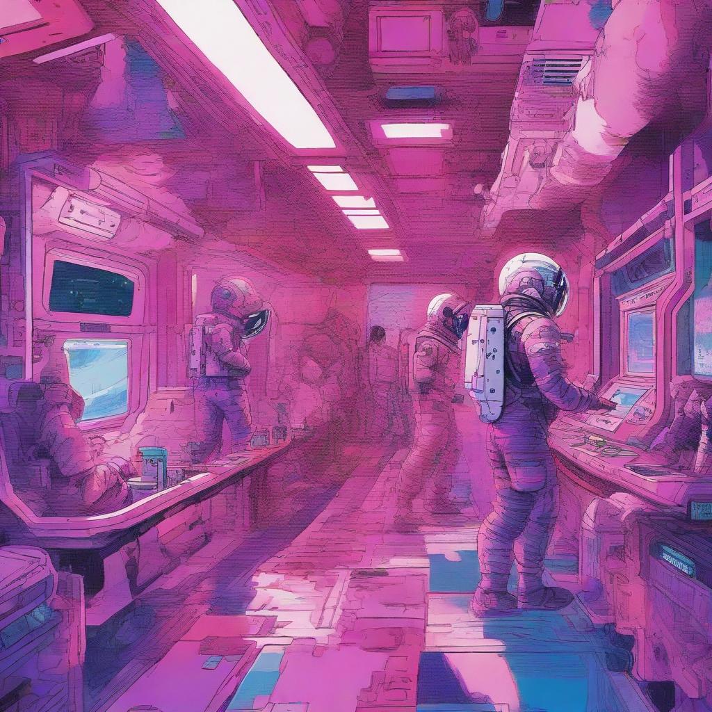 A vibrant sci-fi world depicting people in spacesuits busily working on space stations, engulfed in a color scheme of red, pink, purple, and blue.