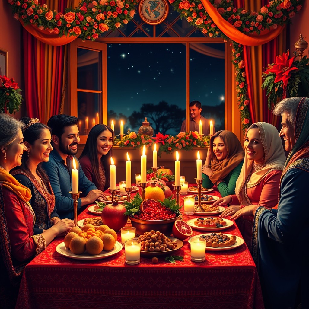 A vibrant and festive Yalda Night celebration, featuring a beautifully decorated table filled with seasonal fruits like pomegranates, watermelon, and nuts