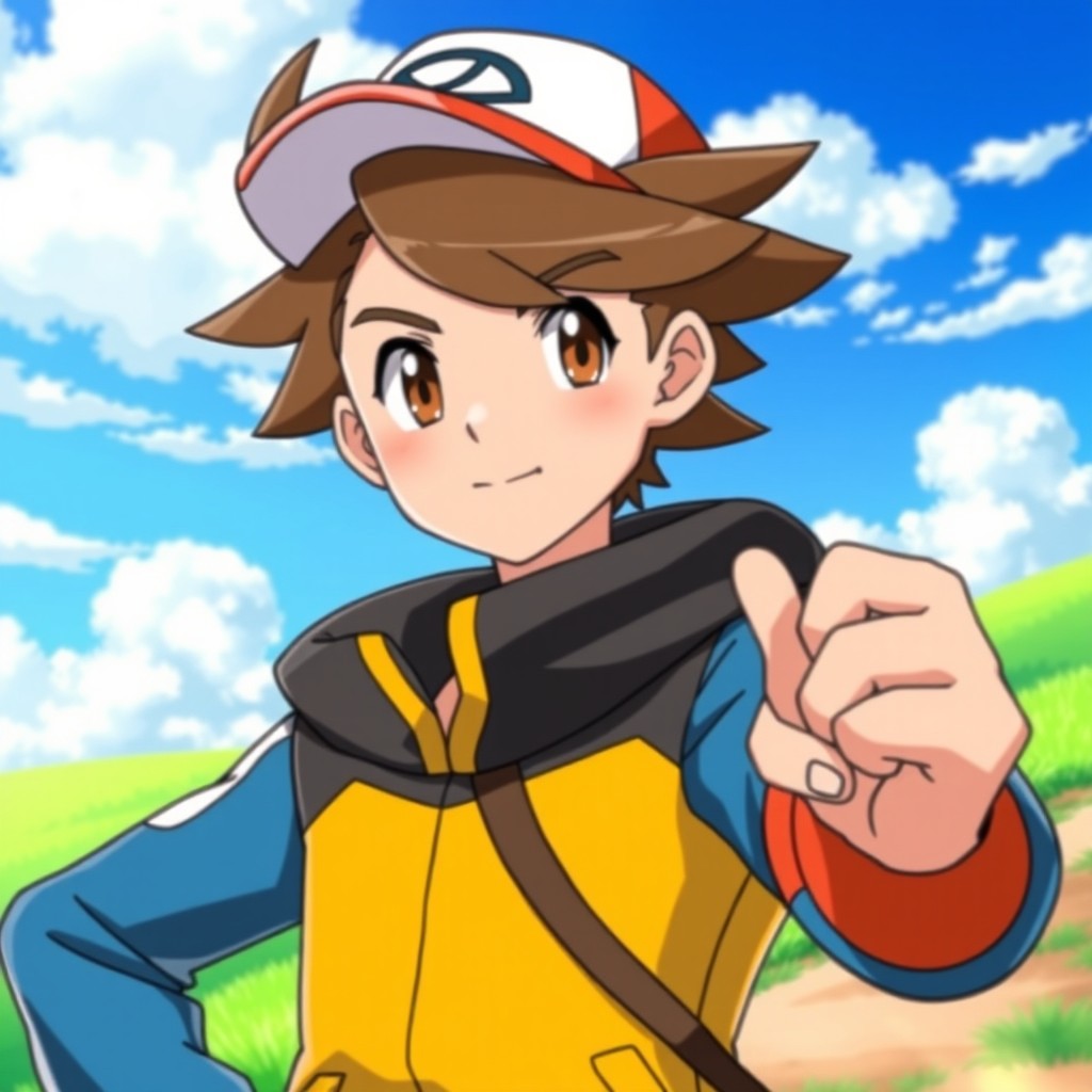 A young male Pokémon trainer with brown hair and brown eyes, confidently holding a Pokéball in his right hand