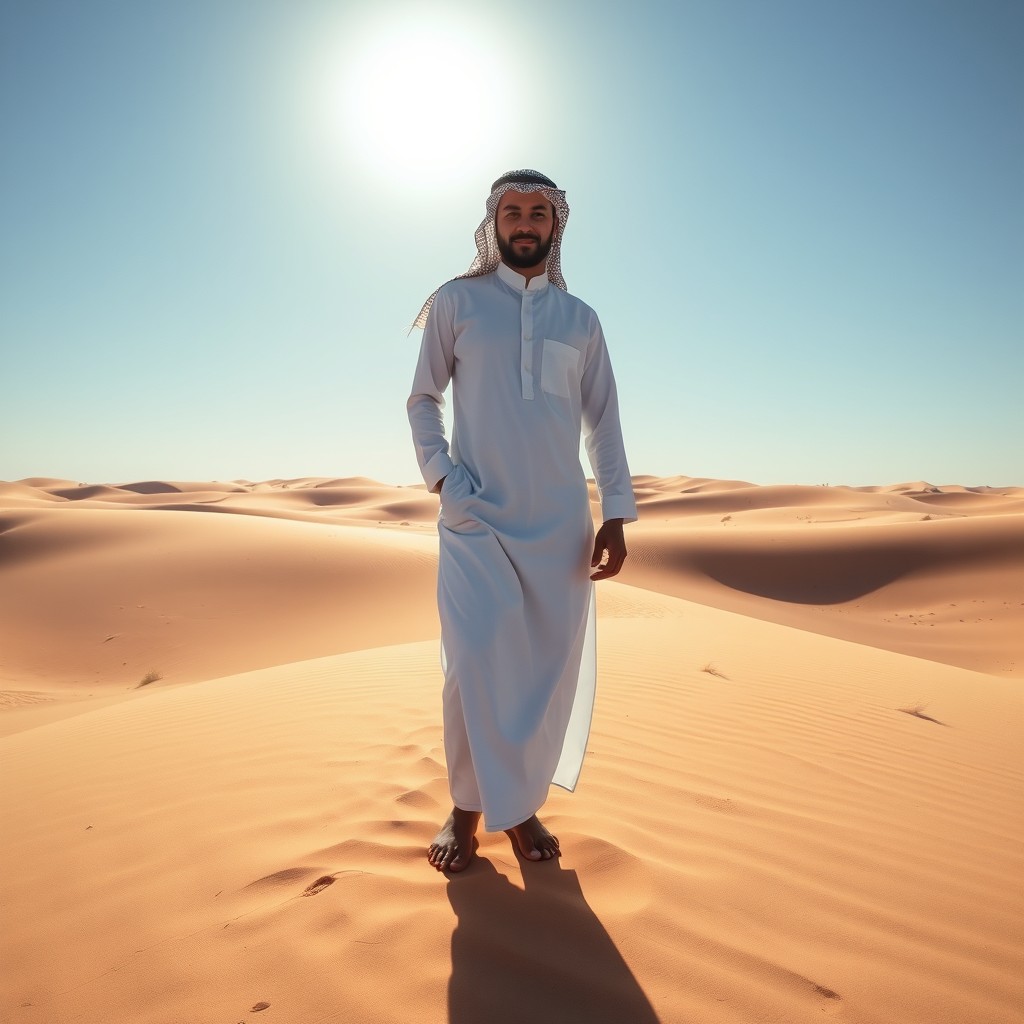 A Muslim man standing confidently in a vast desert landscape, surrounded by rolling sand dunes under a clear blue sky