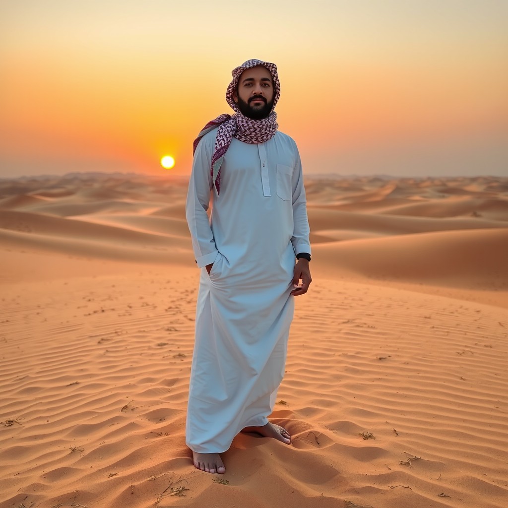 A Muslim man standing in the middle of a vast sandy desert, with an expansive view of rolling dunes stretching to the horizon