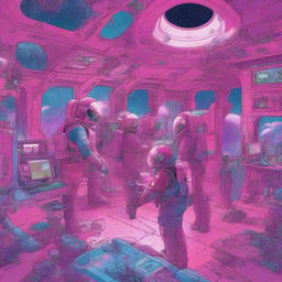 A vibrant sci-fi world depicting people in spacesuits busily working on space stations, engulfed in a color scheme of red, pink, purple, and blue.