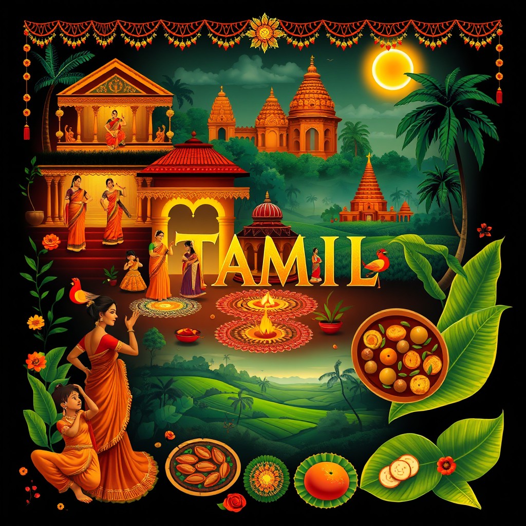 An artistic representation showcasing Tamil culture, featuring vibrant scenes of traditional Tamil festivals such as Pongal, with decorated kolams (rice drawings) at the entrance of homes