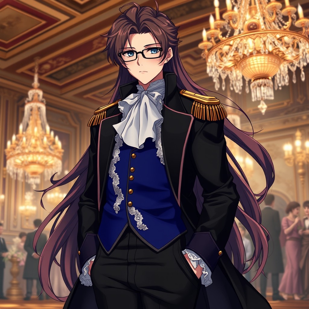 An aristocratic anime character with long, flowing hair that beautifully cascades down their back, styled in elegant waves