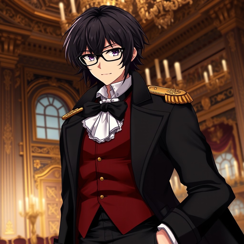 An aristocratic anime character with striking dark hair that falls elegantly around their shoulders, styled in a sophisticated manner