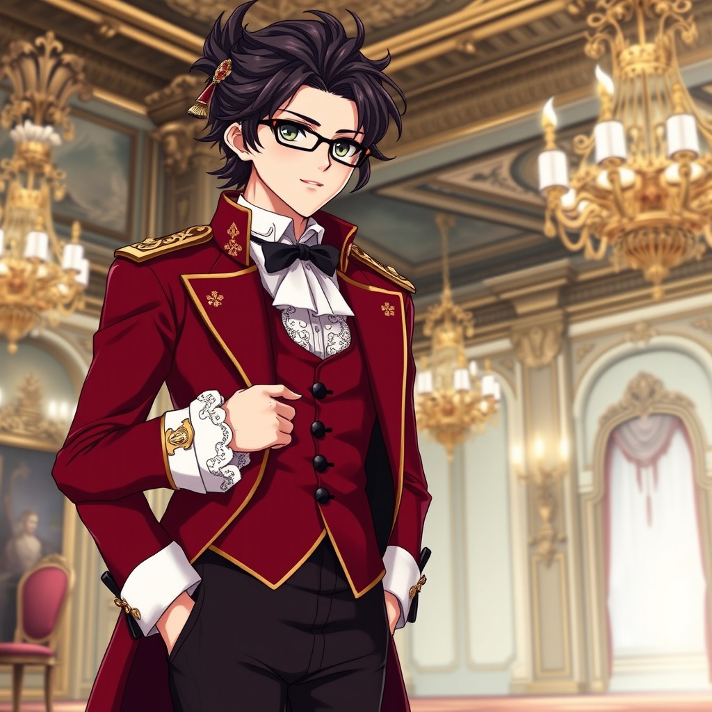 An exquisite anime character with striking dark hair styled in an elaborate updo, adorned with elegant accessories that reflect their high status