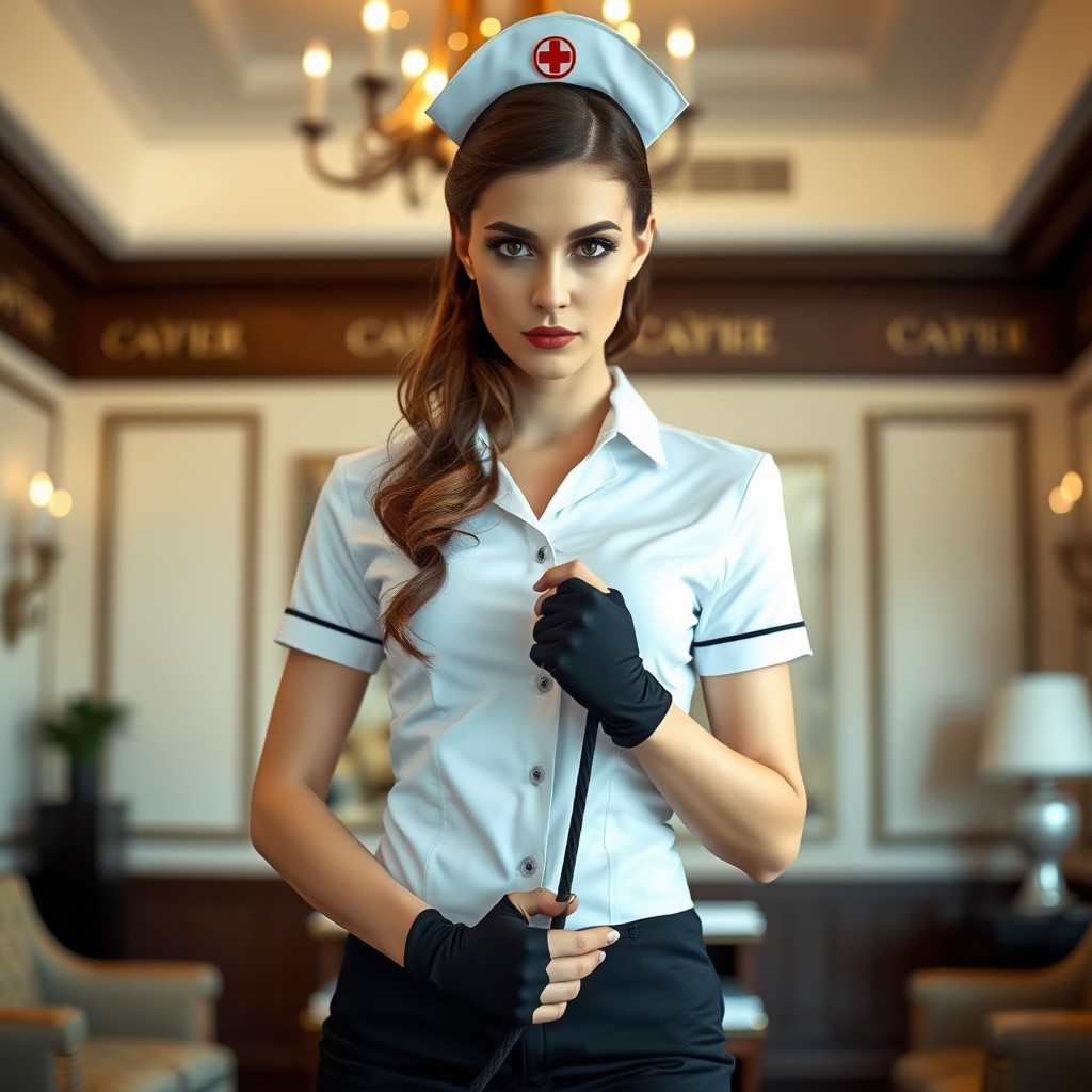 A 25-year-old woman resembling a nurse, standing confidently in the middle of a room