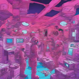 A vibrant sci-fi world depicting people in spacesuits busily working on space stations, engulfed in a color scheme of red, pink, purple, and blue.