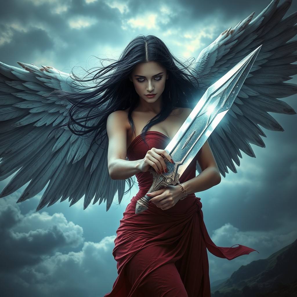 A majestic fallen angel woman with flowing dark hair, exuding power and grace