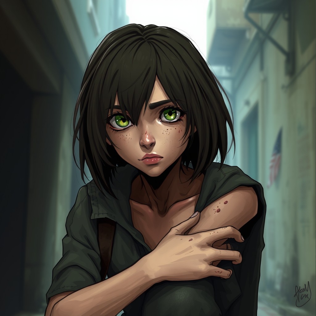 A character with dark brown hair and striking green eyes, depicted in a slightly hunched posture, appearing thin and skinny