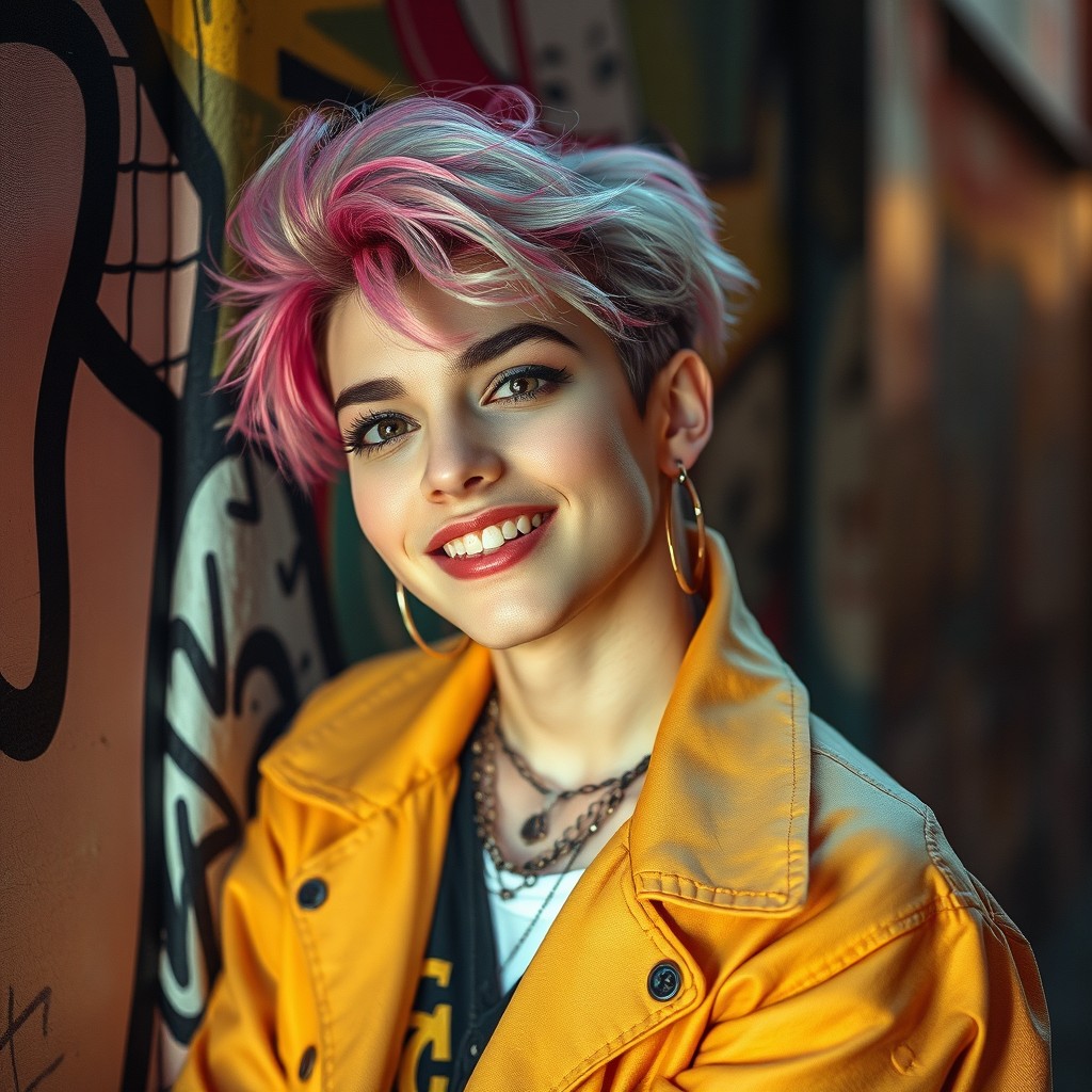 A stylish and confident fem boy, showcasing a unique blend of masculinity and femininity with vibrant hair, expressive makeup, and fashionable clothing