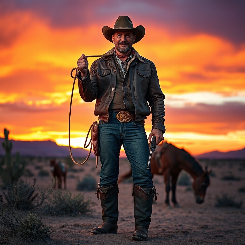 A rugged cowboy standing confidently in the desert at sunset