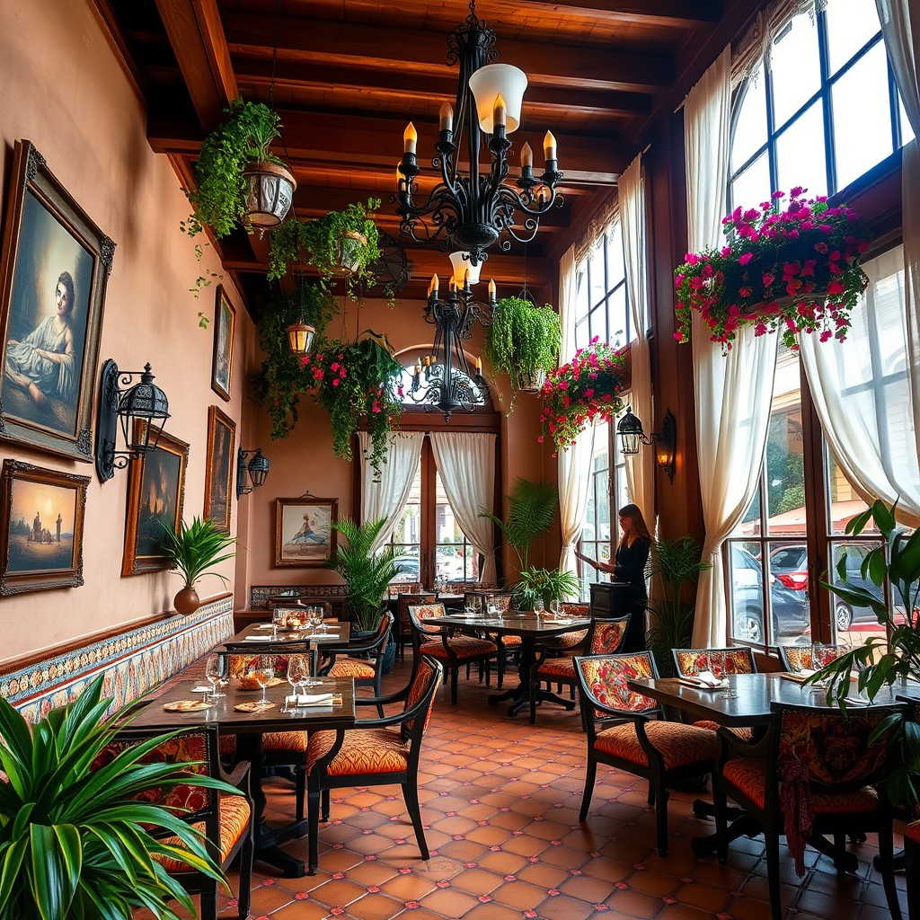 A beautifully designed interior of a restaurant inspired by a traditional Spanish patio, featuring terracotta tiles, vibrant mosaic patterns, and lush greenery