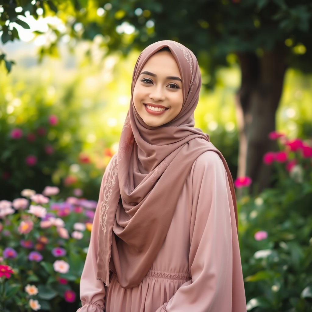 A beautiful Muslim woman wearing an elegant hijab, adorned with intricate patterns, smiling warmly