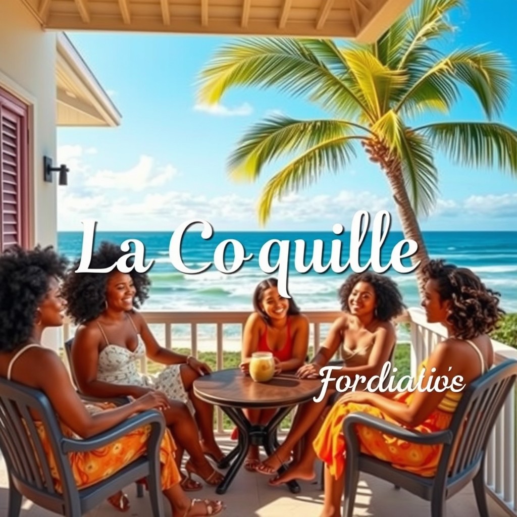 A vibrant scene of a group of Afro and Latino females sitting on a beautiful veranda, engaged in lively conversation and sharing smiles