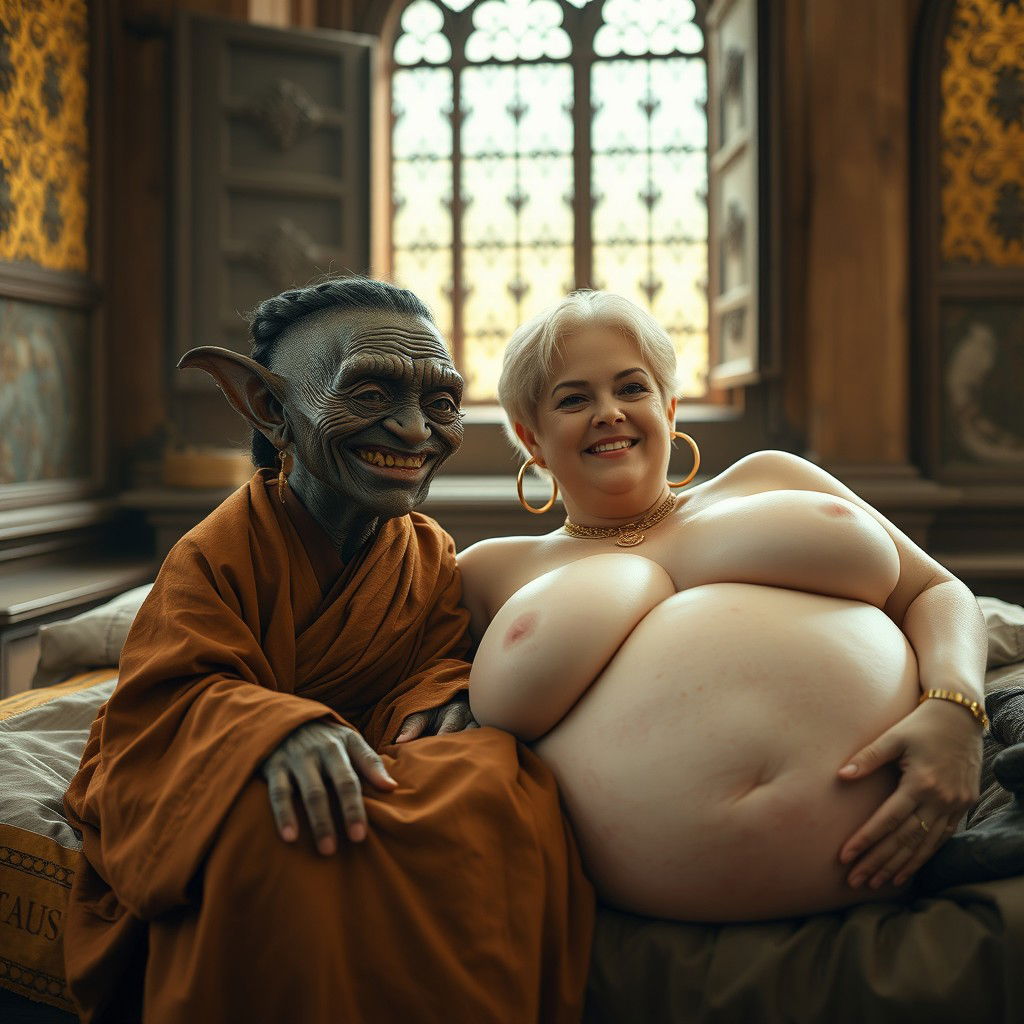 In an ancient medieval palace with ornate antique windows, a captivating scene unfolds on a couple-sized bed