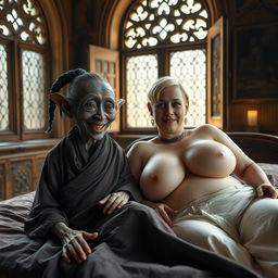 In an ancient medieval palace with ornate antique windows, a captivating scene unfolds on a couple-sized bed