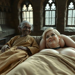 Two figures lying on a large medieval bed in an ancient castle with old windows