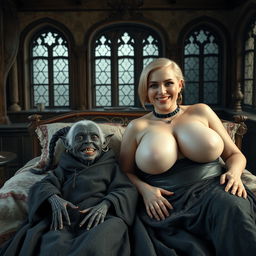 Two characters lying on a double medieval bed in a medieval room adorned with ancient windows