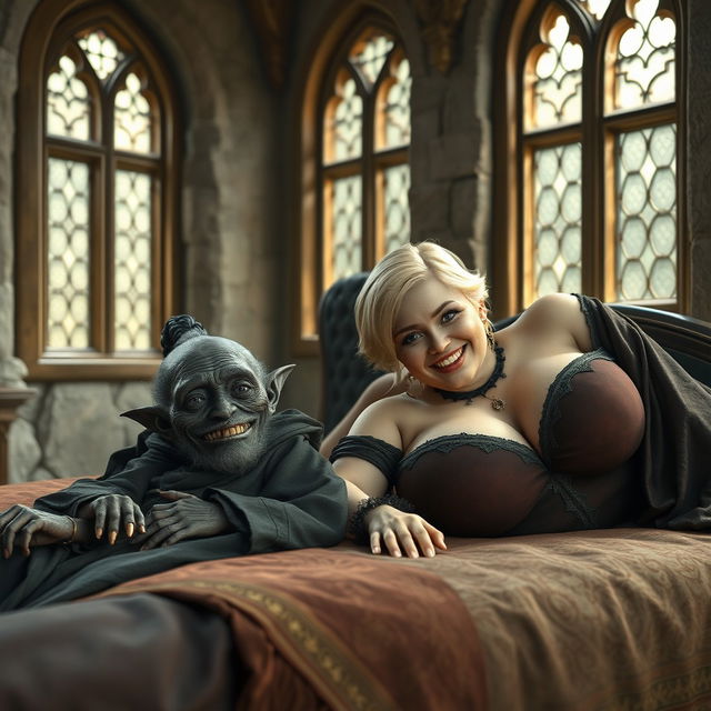 Two characters lying on a double medieval bed in a medieval room adorned with ancient windows