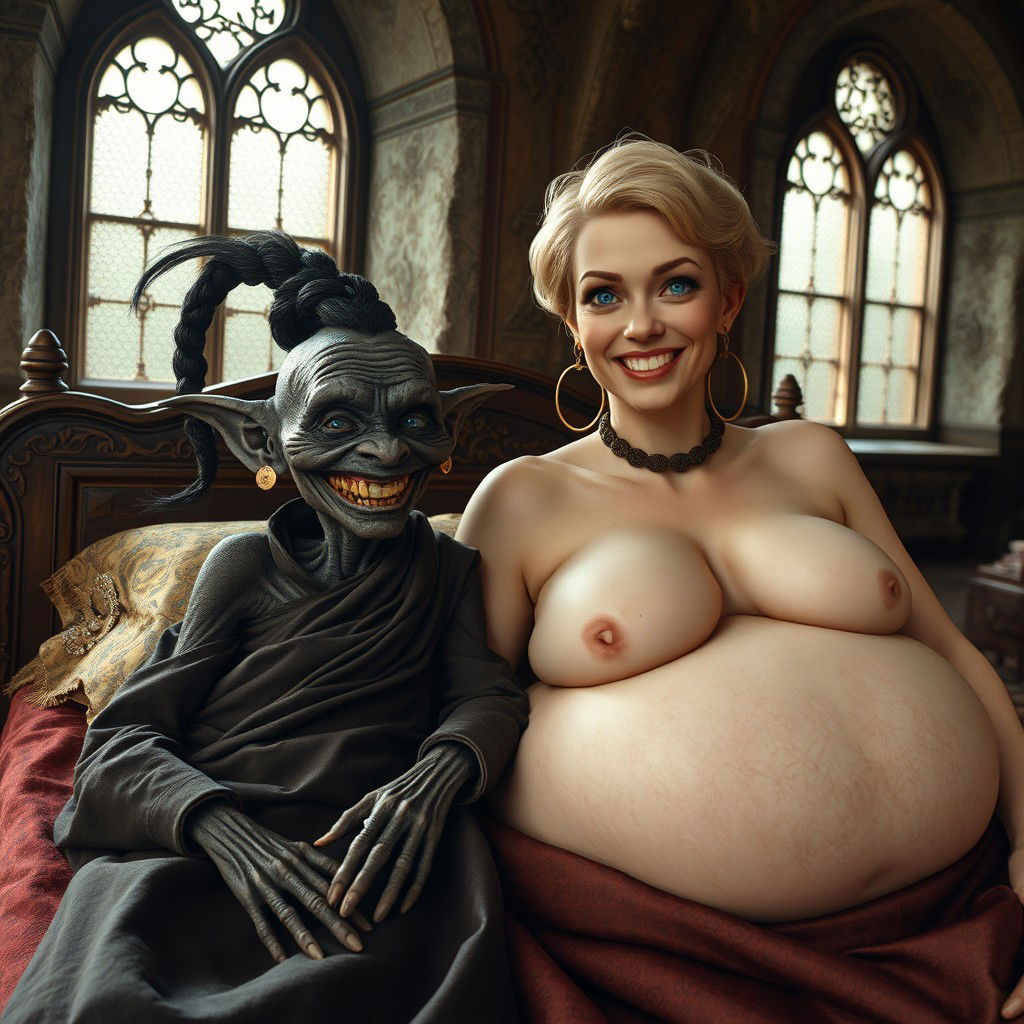 Two characters lying together on a double medieval bed in a richly decorated medieval room with ancient windows