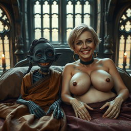 Two characters lying together on a double medieval bed in a richly decorated medieval room with ancient windows