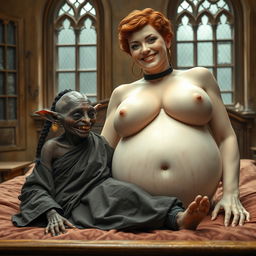 A small, malevolent elderly female goblin with very dark skin and a malnourished body is smiling with decayed teeth