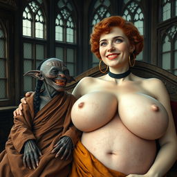 A small, malevolent elderly female goblin with very dark skin and a malnourished body is smiling with decayed teeth