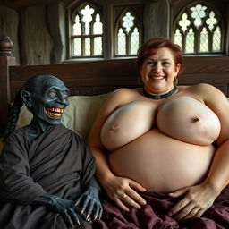 A small, evil old goblin woman, about 150 years old, with very dark black skin and a malnourished body, smiling with rotten teeth, dressed in a long closed Buddhist robe