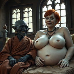 An elderly female goblin, small and frail at 150 years old, with very dark black skin, a despondent yet cheerful smile revealing her decayed teeth