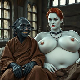 An elderly female goblin, small and frail at 150 years old, with very dark black skin, a despondent yet cheerful smile revealing her decayed teeth